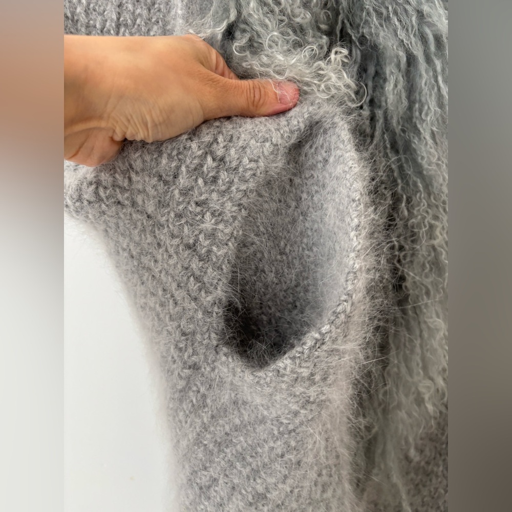 Wool Blend Cardigan Coat With Removable Mongolian Fur Collar Gray Size L - Picture 3 of 13